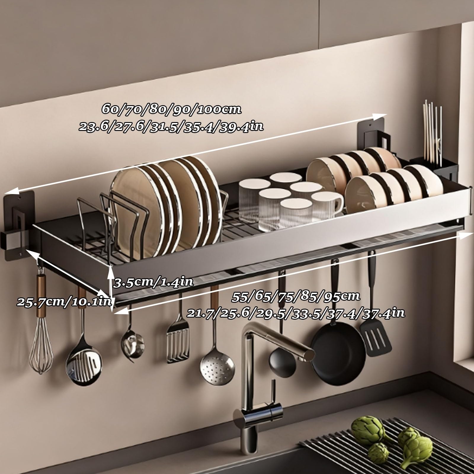 Escurreplatos multifuncional montado en la pared para cocina, estante de cocina, 90 cm, escurridor de platos para fregadero y ventana, ahorro de espacio, diseño resistente