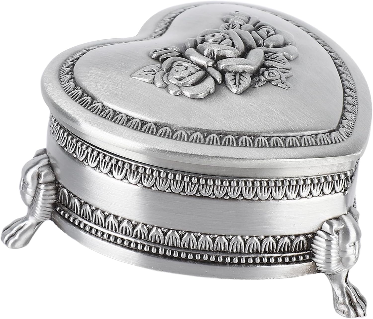 Heart Shape Vintage Metal Jewelry Box, Classic Metal Antique Ring Box, Trinket Storage Organizer Chest with Antique Flower Carved, Christmas Gift Earrings Box for Girl, Silver