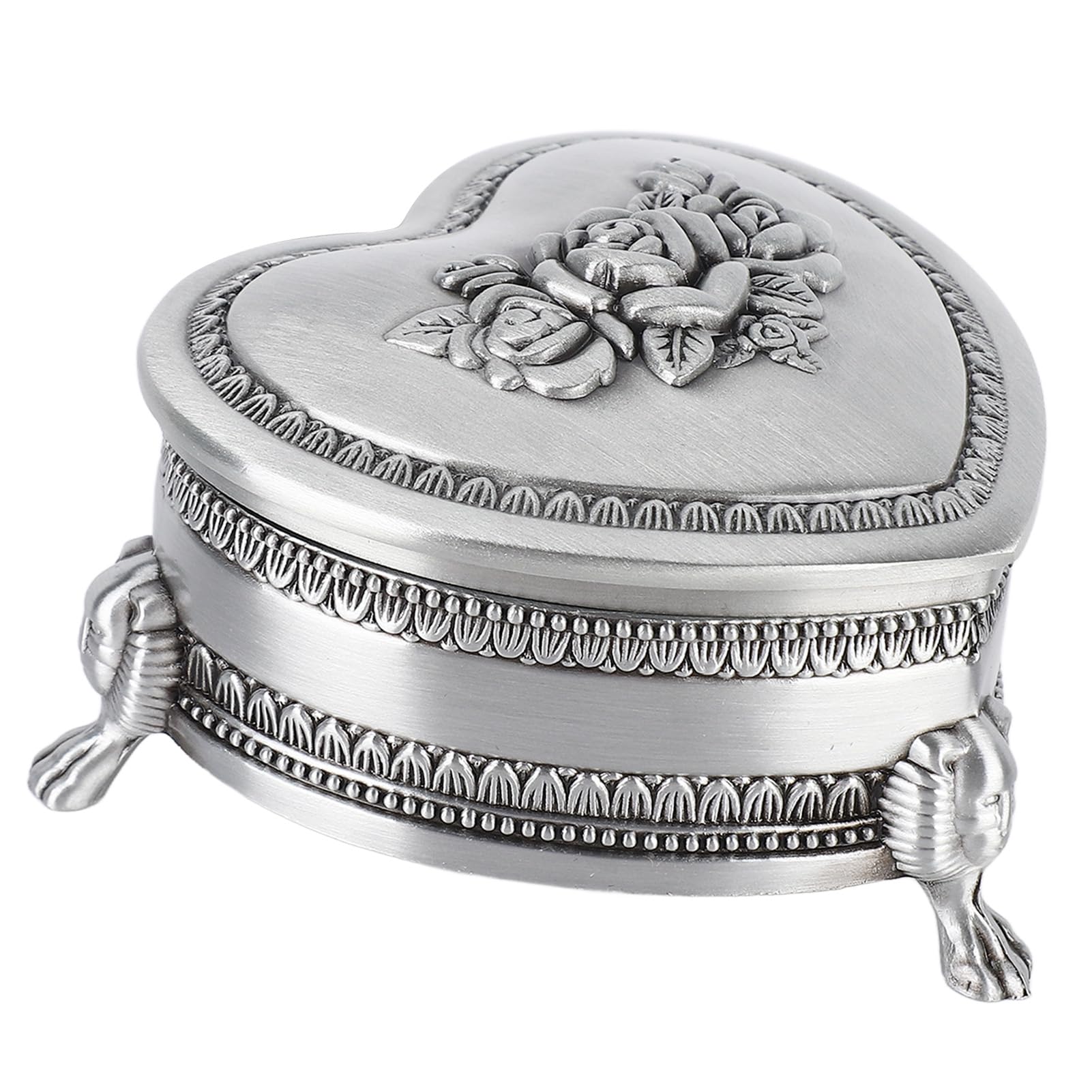 Sorandy Heart Shape Vintage Metal Jewelry Box, Classic Metal Antique Ring Box, Trinket Storage Organizer Chest with Antique Flower Carved, Christmas Gift Earrings Box for Girl, Silver