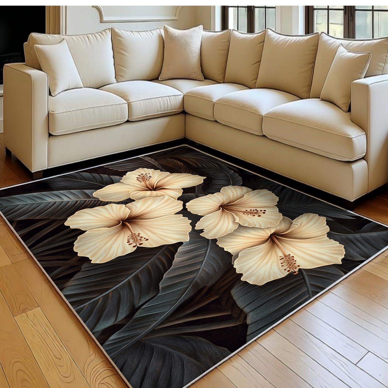 Tapis de salon hibiscus or doux haut de gamme grand format antidérapant