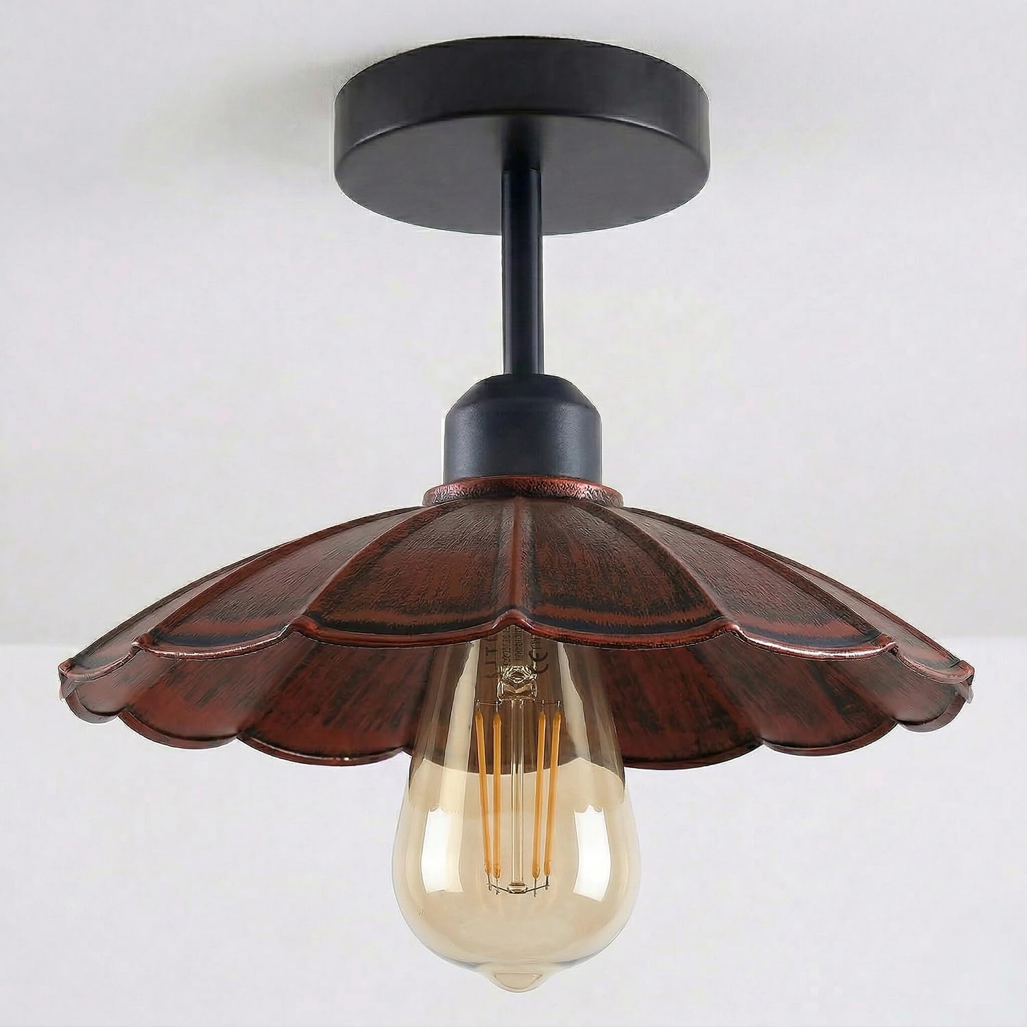 LEDSone Industrial Semi Flush Mount E27 Base Metal 22cm lampshade Indoor Ceiling Light for Living Room Bedroom Hallway Kitchen (Rustic Red with Bulb)