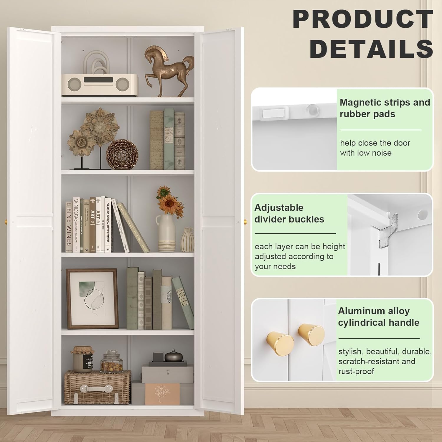 71" Tall Metal Kitchen Pantry Storage Cabinet with 4 Adjustable Shelves, White Large Storage Cabinet with Doors for Kitchen, Pantry, Office