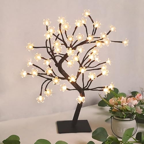 Miniatura 2 de Árbol de bonsái artificial con luz LED de flor de cerezo, ramas ajustables, funciona con pilas para decoración de habitación y regalo (blanco cálido)