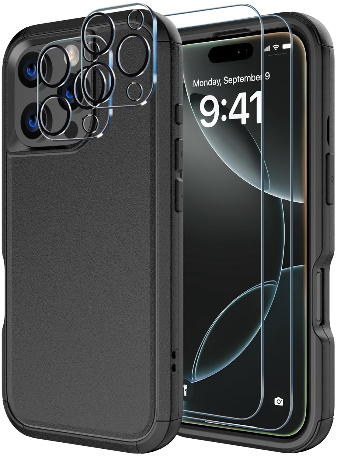 Diverbox for iPhone 16 Pro Case [Shockproof] [Dropproof] [Tempered Glass Screen Protector + Camera Protectors] Heavy Duty Protection Phone Case Cover for Apple iPhone 16 Pro (Black)