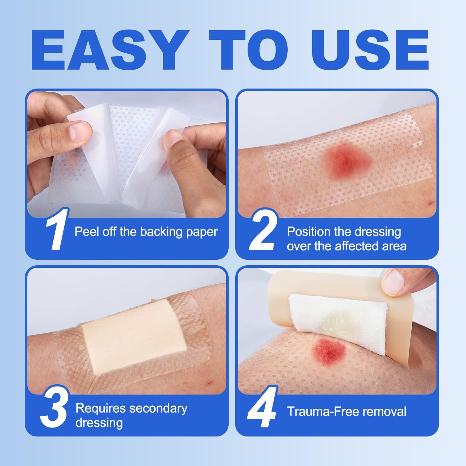 FRESINIDER Silicone Wound Contact Layer 4” x 3”, 10 Pack Non-Adherent Silicone Dressing for Gentle Removal, Protects Fragile & Sensitive Skin, Ideal for Surgical Wounds, Burns, Ulcers, Skin Tears - Image 6