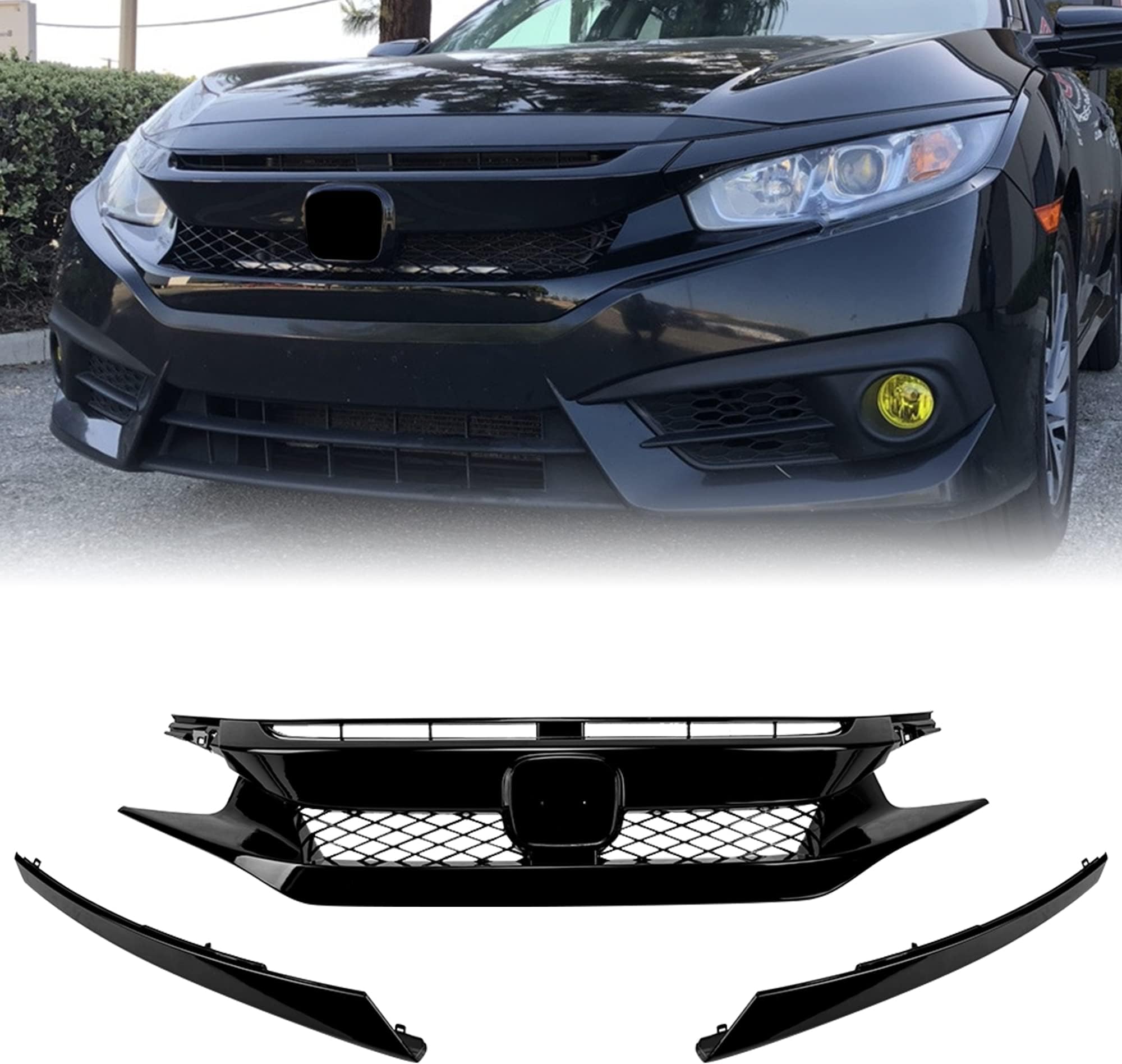 Rolling Gears Front Bumper Hood Grille Compatible with 2019-2021 Honda Civic (10.5th) Sedan and Coupe Grille, Gloss Black Painted