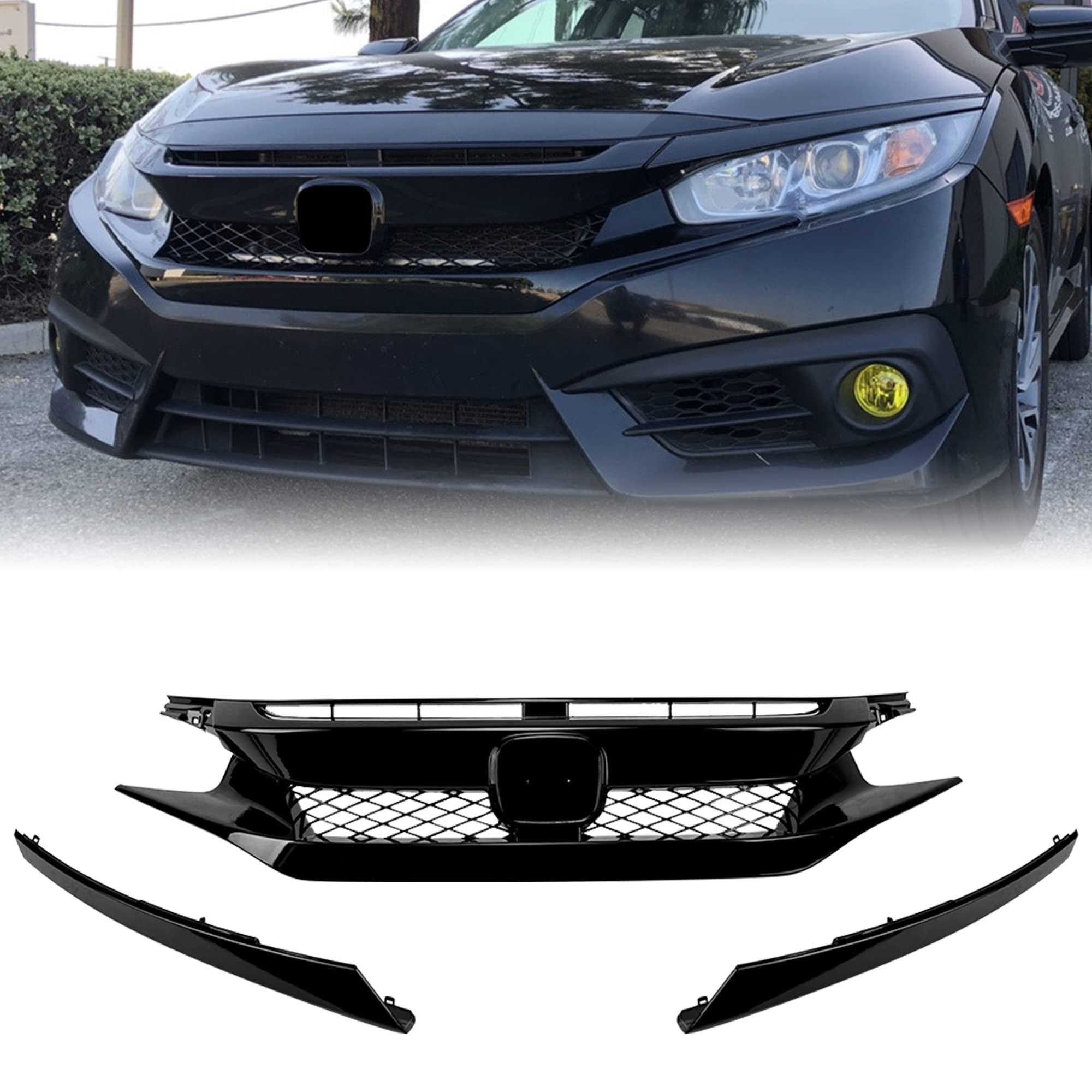 Rolling Gears Front Bumper Hood Grille Compatible with 2019-2021 Honda Civic (10.5th) Sedan and Coupe Grille, Gloss Black Painted