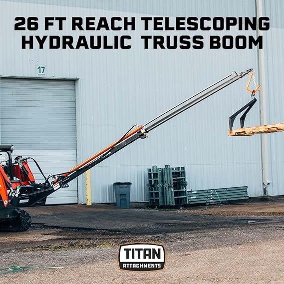 Titan Attachments Telescoping Hydraulic Truss Boom Jib Crane, Hydraulic Boom Pole Extends 26 FT, Fits Skid Steer SSQA, Lift Hay Bales, Trusses, Beams, More, Accessories for Skid Steers