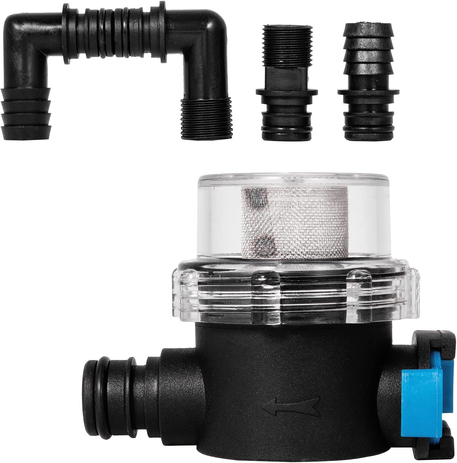 Nærbillede view of the included filter and various hose fittings