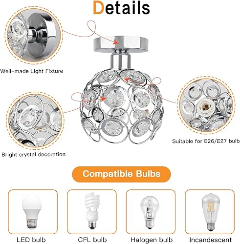 Miniatura 6 de Zevnico Mini lámpara de araña plateada, luz de techo de cristal, luces de pasillo semiempotradas, cubiertas de lámpara de araña pequeñas de metal