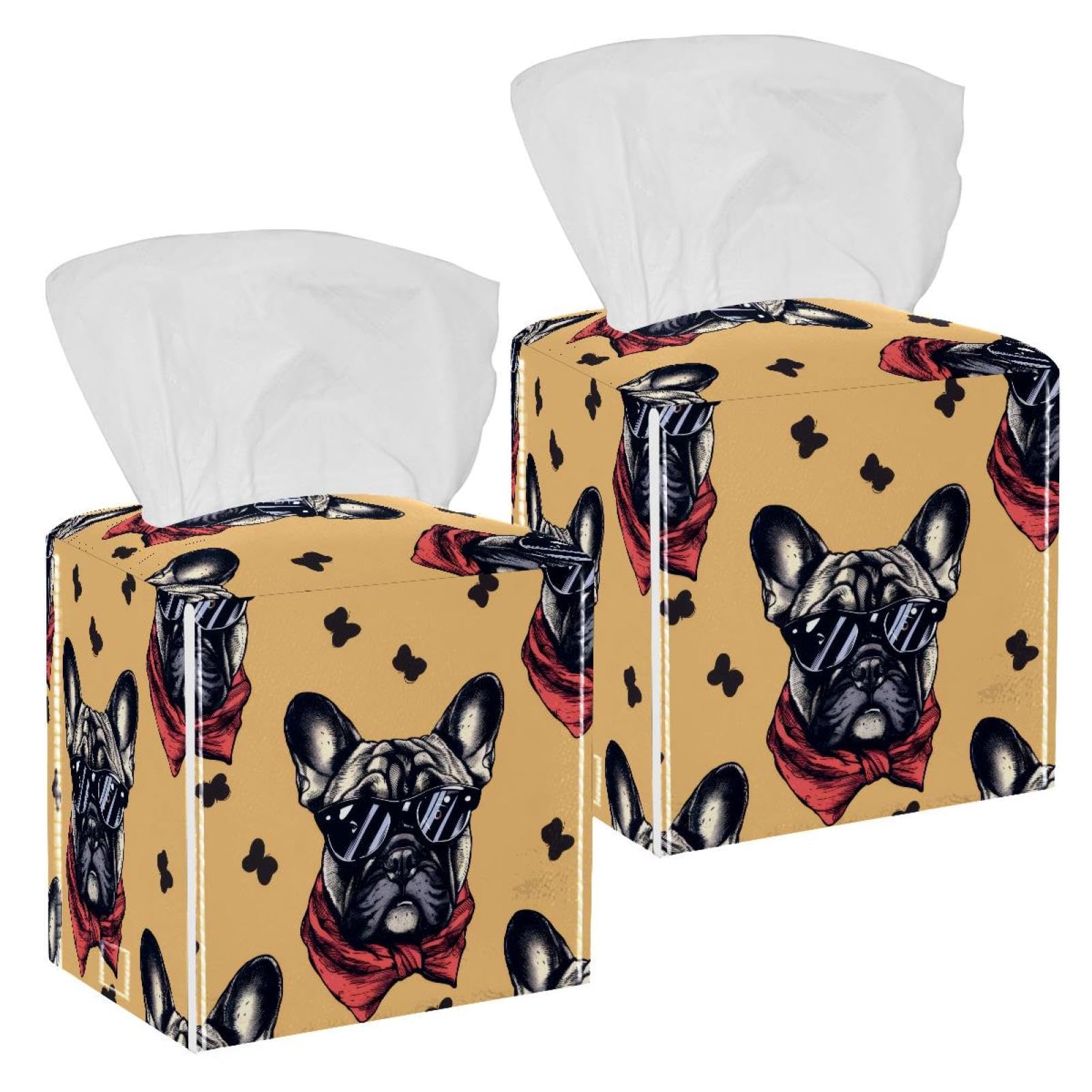 French Bulldog Tissue Box Cover, 2 Pack PU Leather Square Facial Tissue Dispenser Box holder for Home Office Car