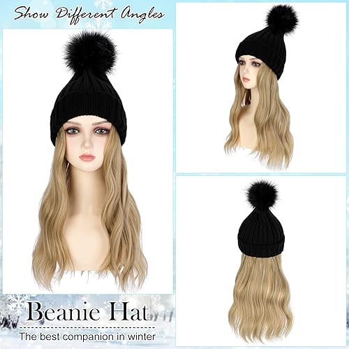Miniatura 2 de Gorro con peluca, gorro con cabello, extensiones de cabello largo y ondulado, gorro de punto acanalado, con pompón adjunto, 14 pulgadas, rizado,