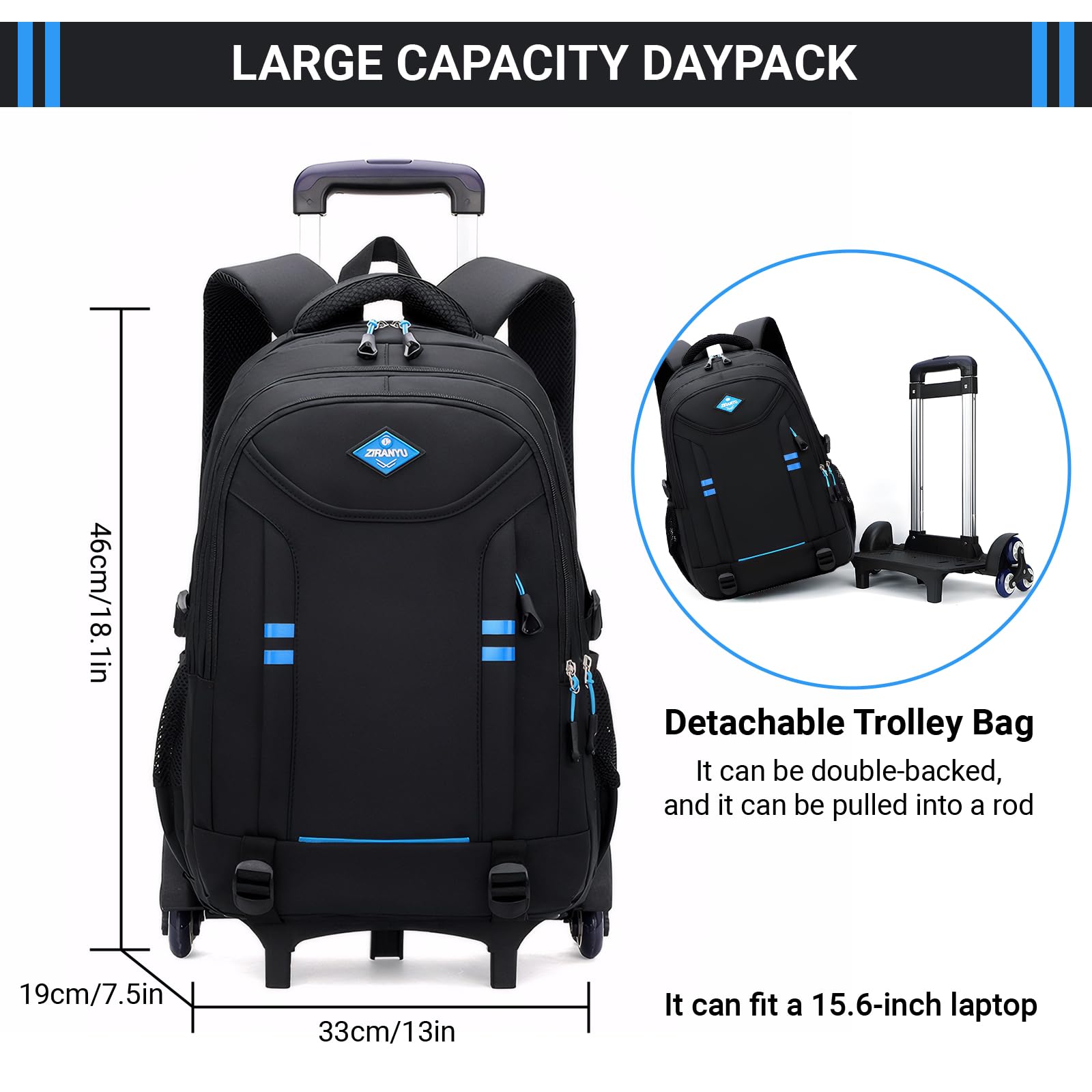 Amythe Mochila con Ruedas para Niños y Adolescentes, 6 Ruedas Negro | Mochilas Escolares Trolley Gran Capacidad para Chicos 9 10 12-18 años , Desmontable Carro Mochila para Viajes y Escuela