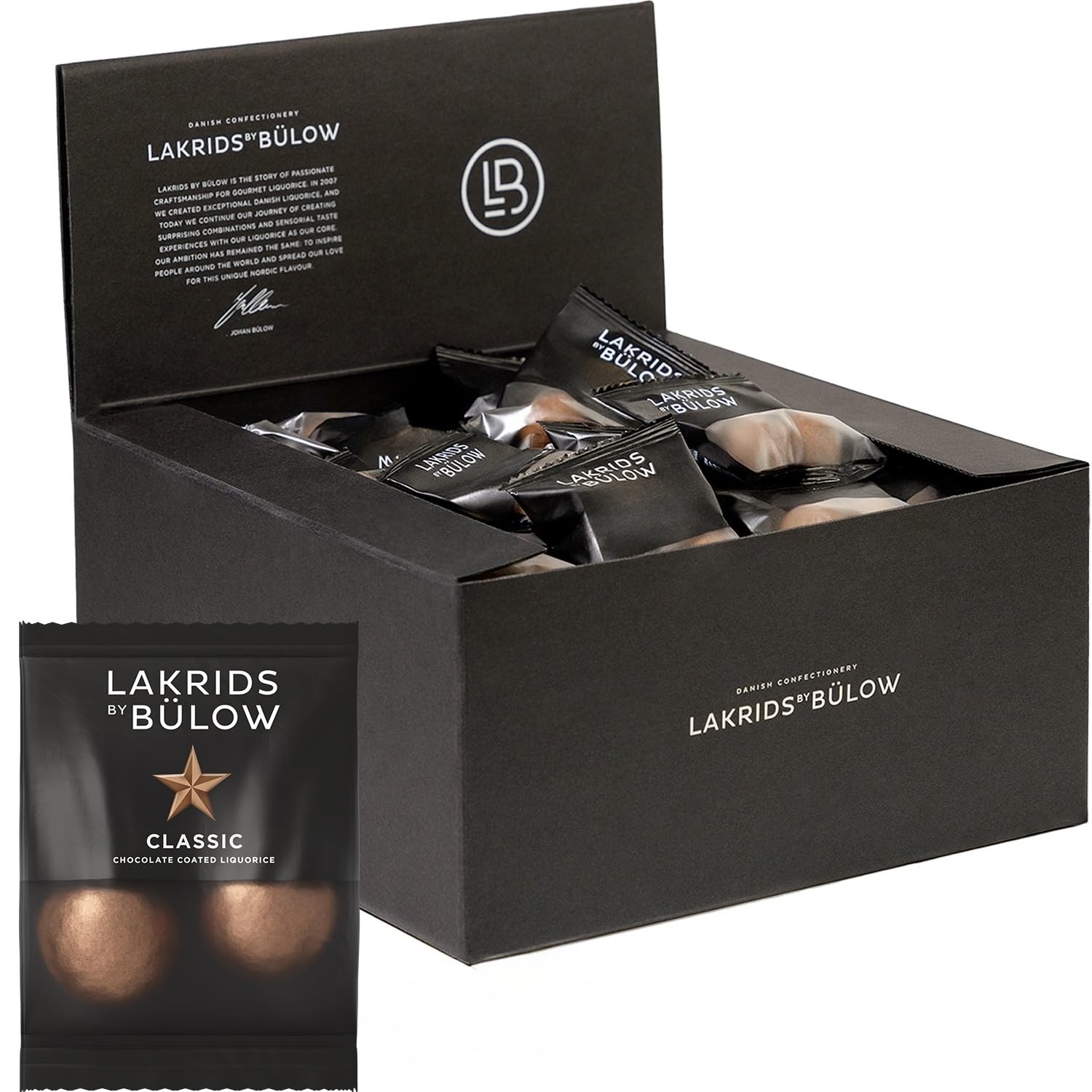 LAKRIDS BY BÜLOW - Classic Caramel · Box of Minis mit 60 x 12g · Dänische Gourmet Lakritz-Kugeln · Süßer Lakritzkern mit Dulce-Schokolade & Meersalzflocken