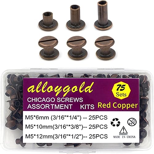 Miniatura 25 de Juego de 90 tornillos de acero inoxidable 304 Chicago de cuero, 7 tamaños de remaches de tornillo de cuero para manualidades, ropa, zapatos