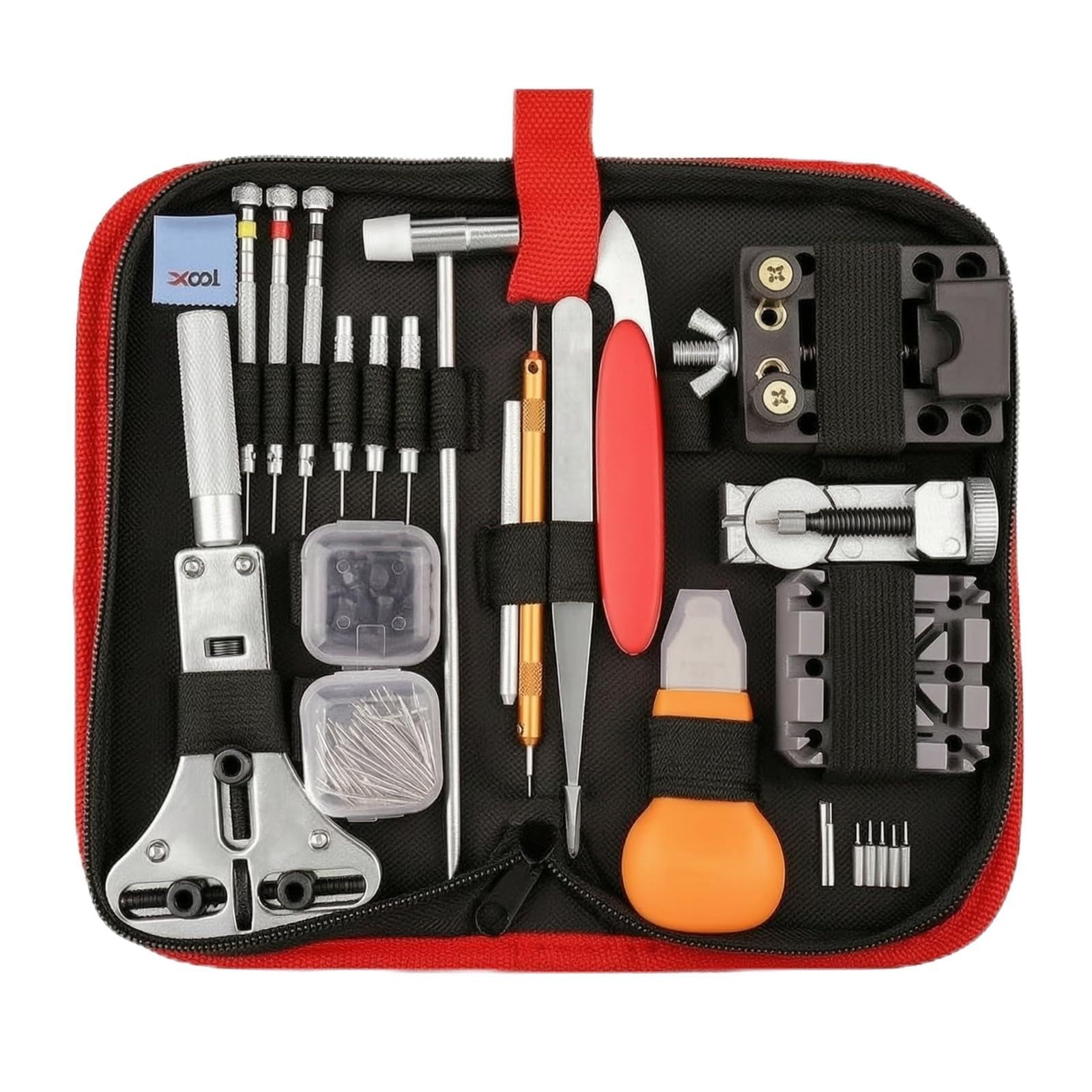 MERIGLARE Outils de Réparation Montre Trousse Organisée Kit Matériel Accessoires Acier Inoxydable avec Ouvre‑Fond Chasse‑goupille Tournevis Pinces Poches sur