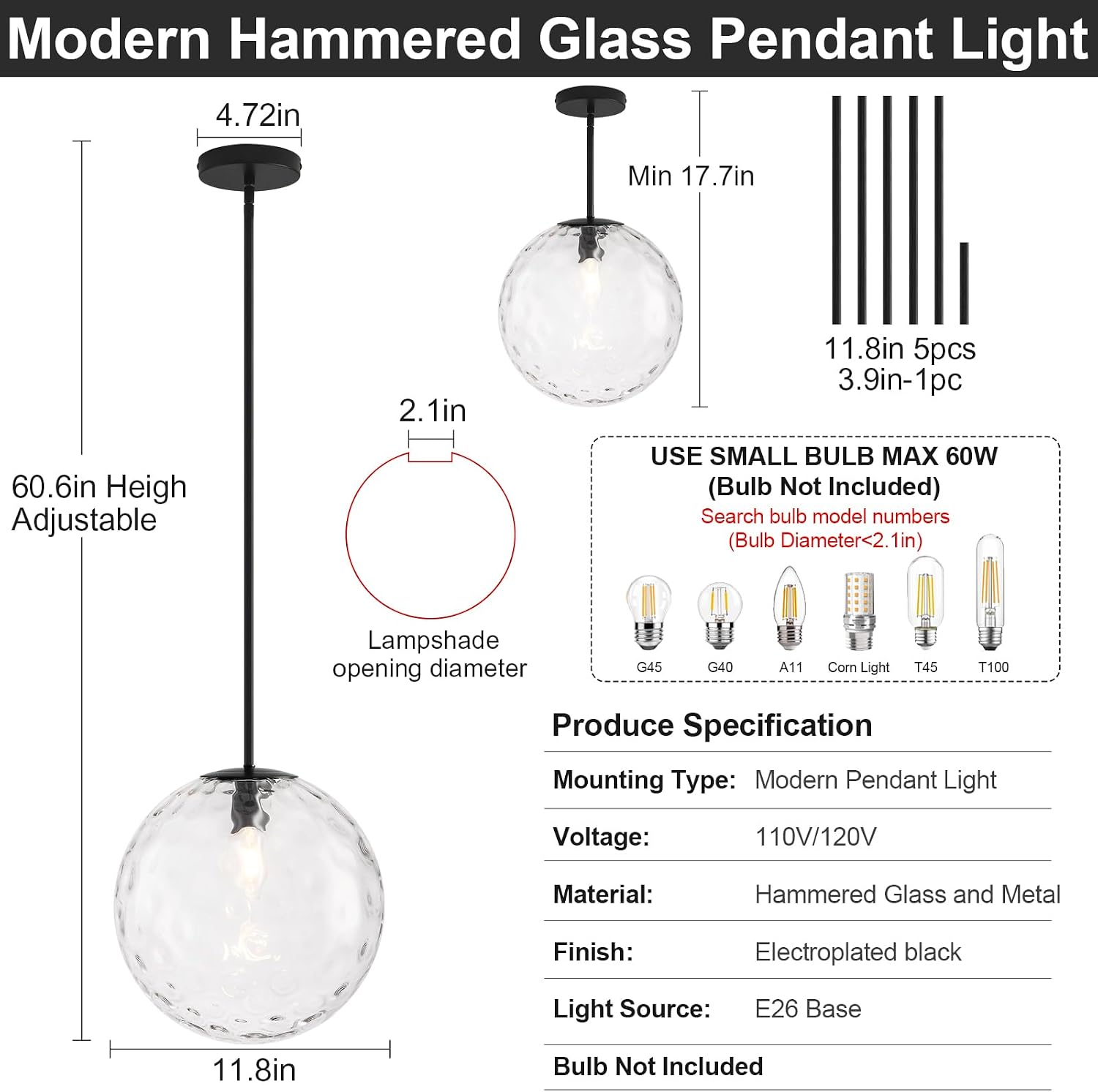 11.8in Hammered Glass Pendant Light, Large Mid Century Modern Pendant Lights Kitchen Island, Black Fininsh Hanging Light for Dining Room Over Table Sink Hallway, Black & Hammered 1 Pack