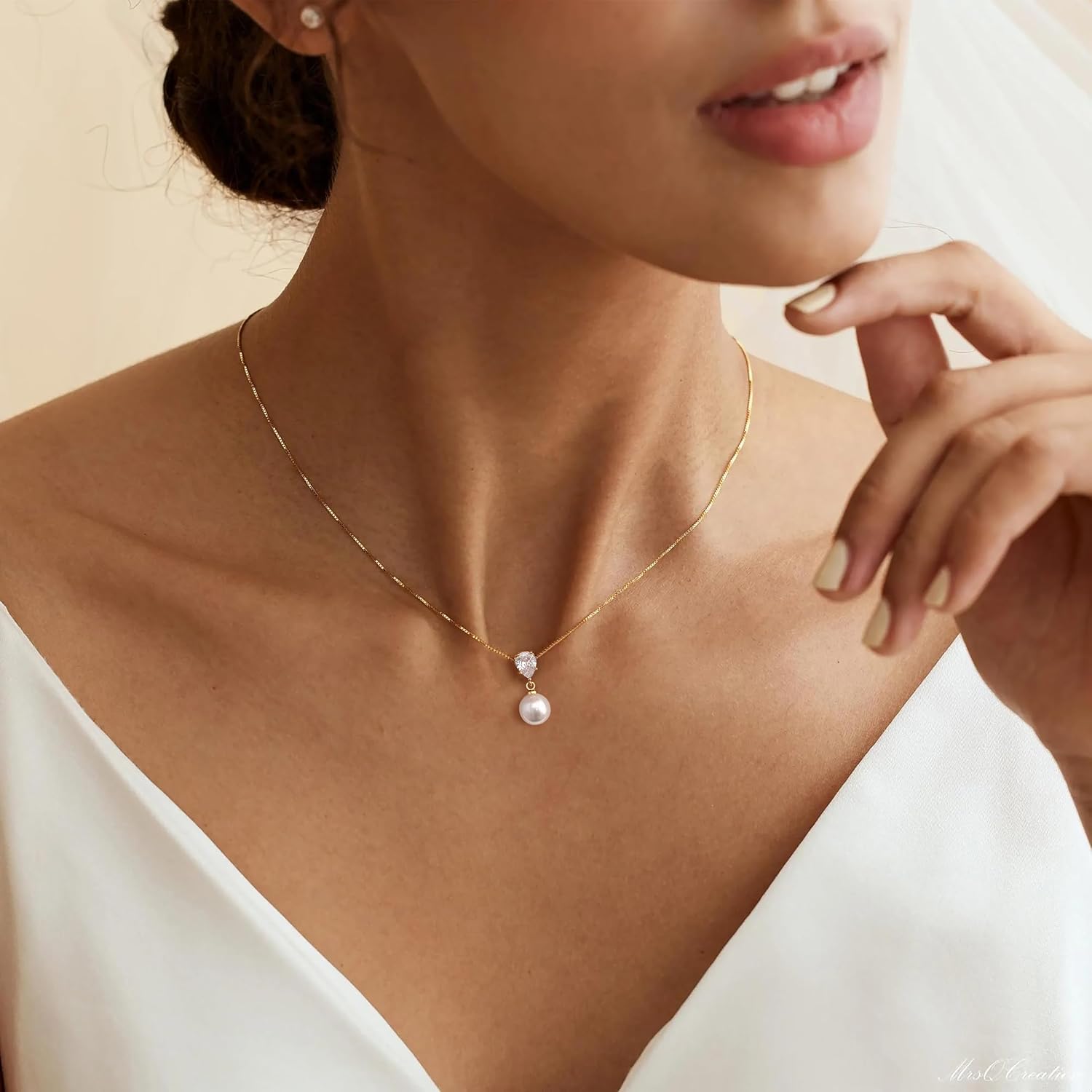 Pearl Necklaces for Women, Dainty Pearl Drop Necklace 14K Gold Plated CZ Pearls Pendant Necklace Small Gold Choker Necklaces for Women Trendy Wedding Jewelry Bridesmaids Gifts - Image 3