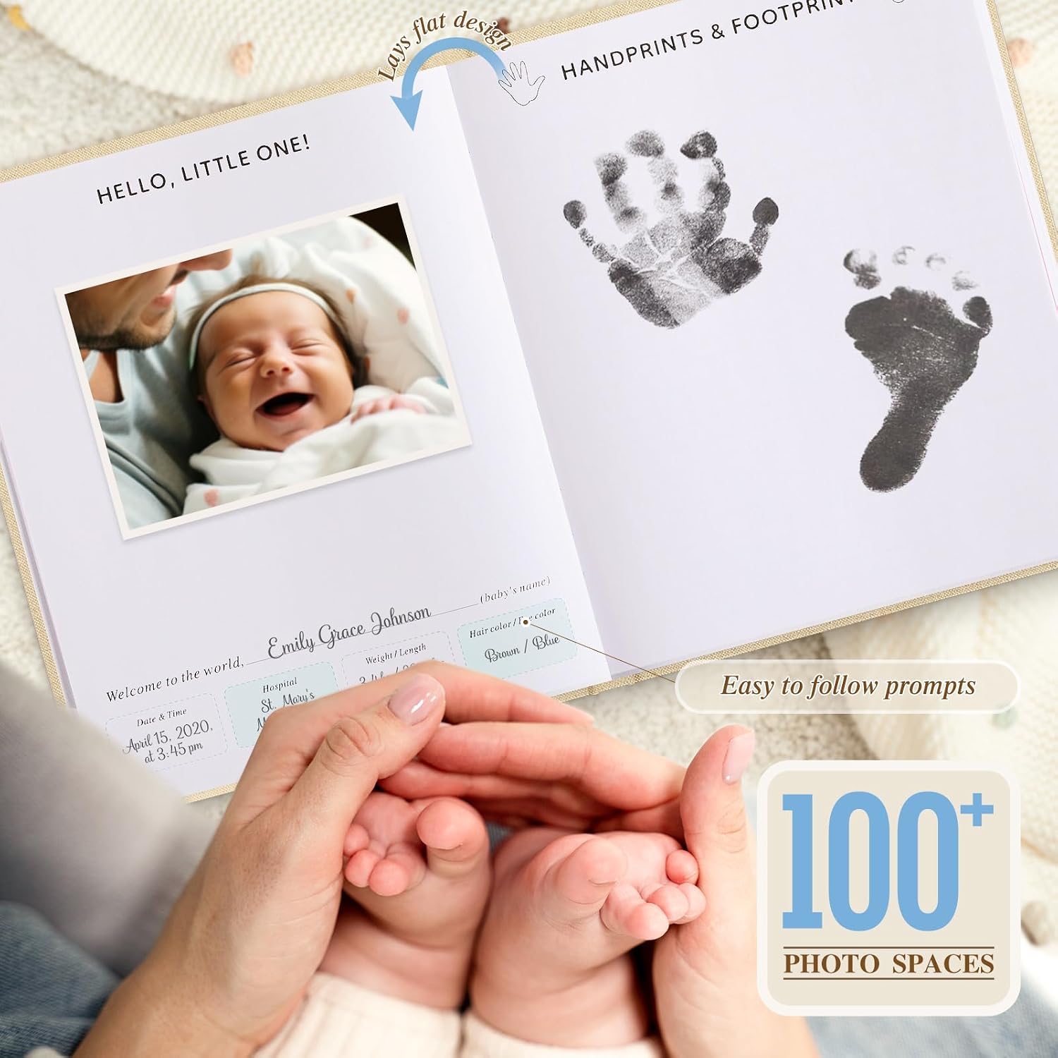 Lanpn Baby Memory Book for Boy Girl - The Story of You, Newborn Babys Book Keepsake Photo Album for New Parents, Linen Cover Baby First 5 Year Milestone Scrapbook Journal (Blue, 154 Pages)
