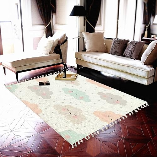 Alfombra bohemia con patrón de puntos sin costuras de dibujos animados, cara, nube, alfombra de área, alfombra de patio, pasillo, alfombra, tapete