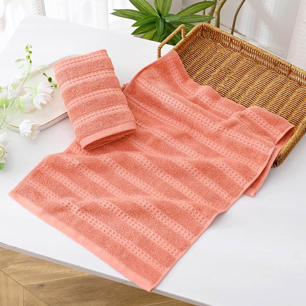 YiLUOMO Pink Waffle Striped Weave Hand Towel Set of 2 Premium 100% Cotton Super Soft Highly Absorbent Decorative Bathroom Hand Towels 13 x 29 Inch - Image 2