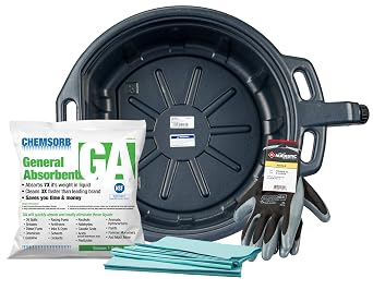 Groz No-Mess Oil Change Kit, 4.25 Gallon Drain Pan with Anti-Splash Lid and Baffle, Nitrile Gloves, 1 lb Chemsorb Absorbent, 2 Shop Towels SP30GA-OC1