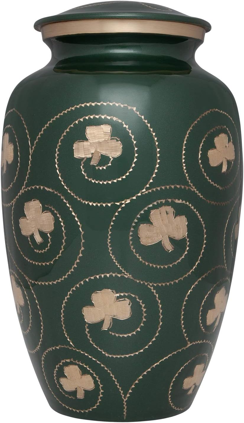 Green Irish Shamrock Cremation Urn - Clover Funeral Urn in Several Colors - Burial Urn for Human Ashes - Detailed Hand Engraving - 100% Brass