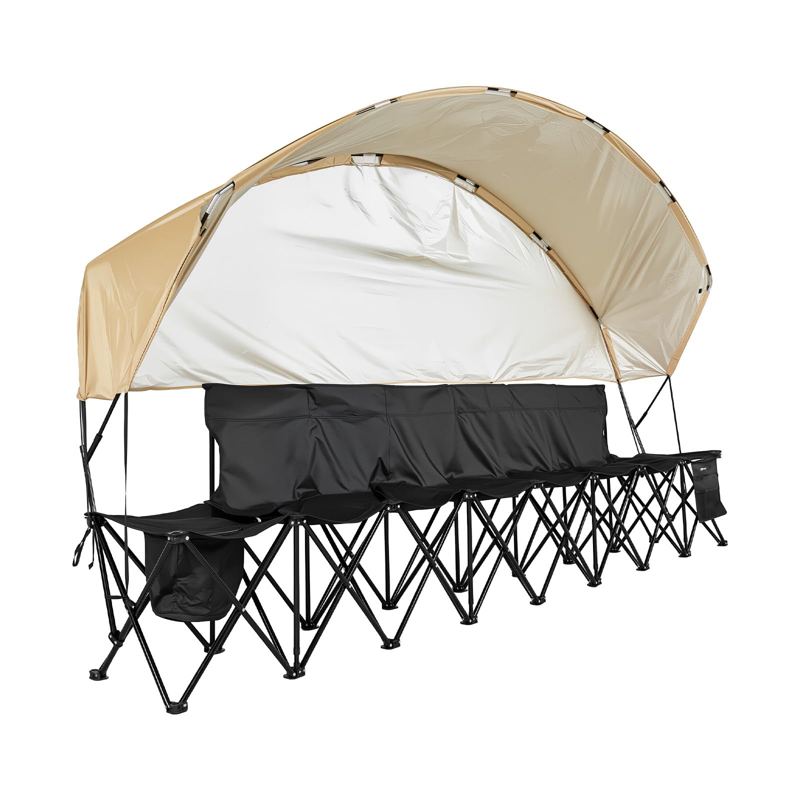 VEVOR Banc Pliant Portable à 6 Places, Banc de Camping Pliable avec Poches de Rangement, Porte-gobelets et Sac de Transport, siège latéral léger avec Pare-Soleil pour Football et Baseball, Noir