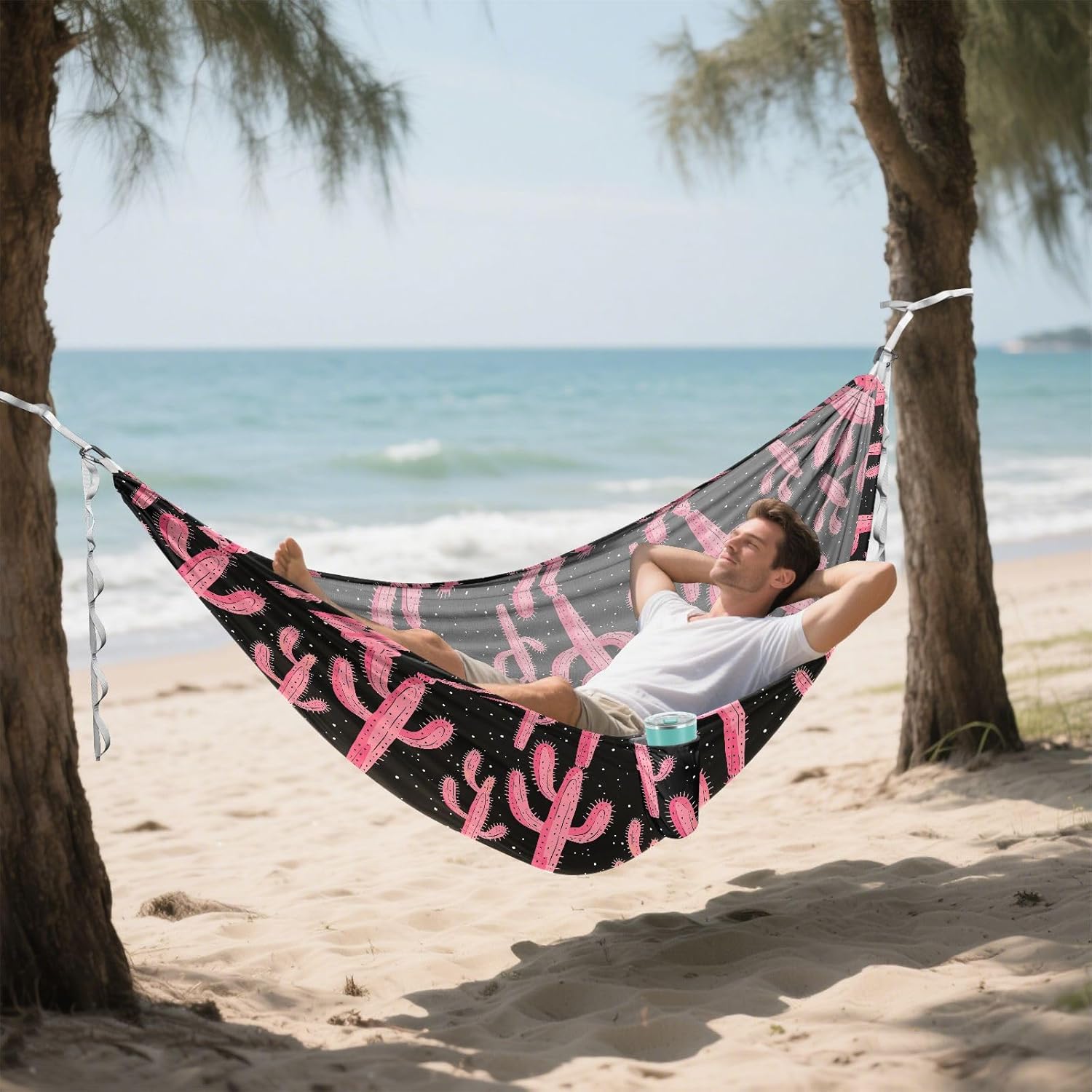 ALAZA Pink Cactus Cacti Camping Hammocks Single or 2 Person 500 lbs Portable Parachute Travel Hammock w/Tree Straps for Hiking Backpacking Indoor Outdoor