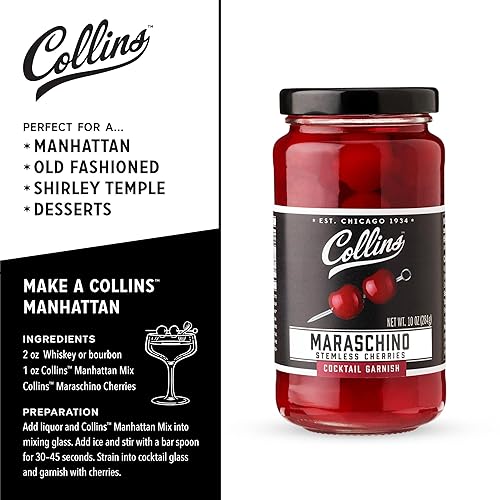 Miniatura 3 de Collins Cerezas de maraschino sin tallo decoración popular para bebidas de cóctel postres martinis Manhattan antiguas 10 onzas