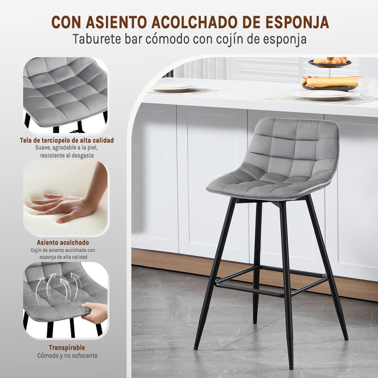 WOLTU Taburete de Bar Juego de 4 con Respaldo, Terciopelo, Gris Claro