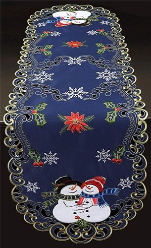 Miniatura 2 de Creative Linens Mantel navideño de 52 pulgadas, redondo, bordado, muñeco de nieve, copo de nieve, flor de pascua, decoración de mesa de invierno,