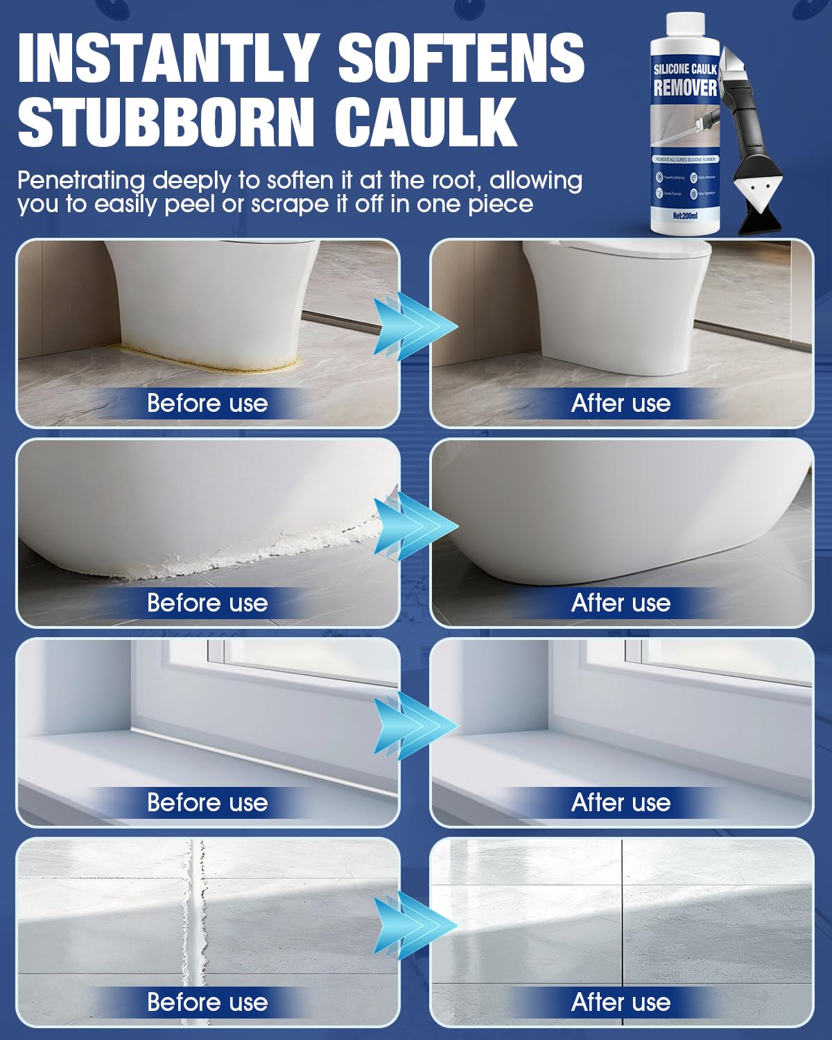 Caulk Remover, Silicone Caulk Remover, Stronger and Specialized Formula, Safer Around Family, with 3 in 1 Remove Scraper, Easily Remove from Surfaces Like Bathtubs, Showers, Windows, Kitchens, 200ml