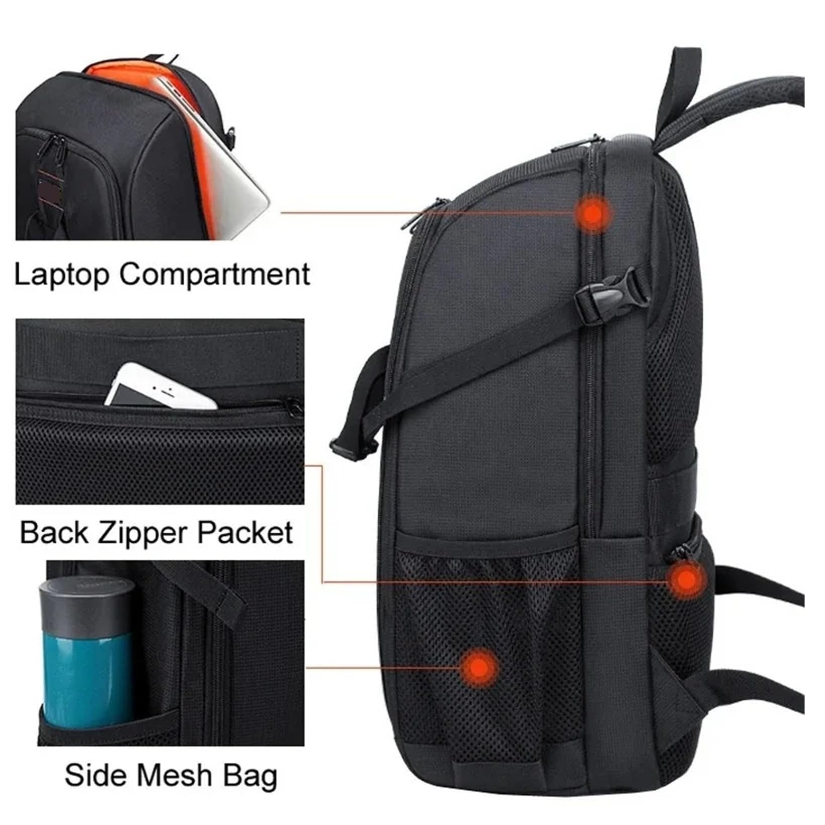 Compatible con el Paquete de portátil con cámara Impermeable Canon | Capa exterior impermeable, detalles reflectantes, divisores acolchados for cámara y computadora portátil.(Red)