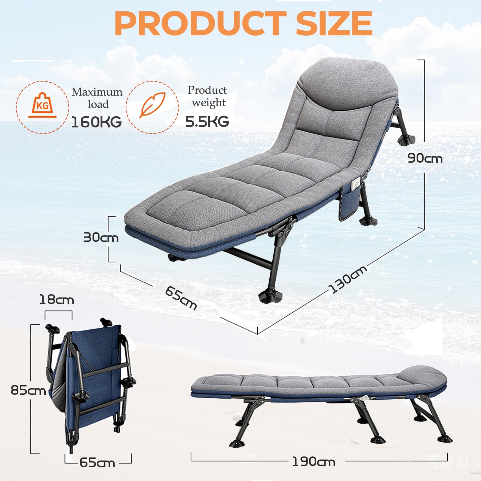 Lit de camp pliable avec poche latérale - Chaise longue de camping avec dossier réglable en 5 positions - Lit pliant pour l'extérieur et l'intérieur - 190 x 65 cm (gris)