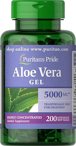 Puritans Pride Extracto de aloe vera de 25 mg equivalente a 5000 mg cápsulas blandas 200 unidades el embalaje puede variar Puritans Pride Extracto de aloe vera de 25 mg equivalente a 5000 mg cápsulas blandas 200 unidades el embalaje puede variar