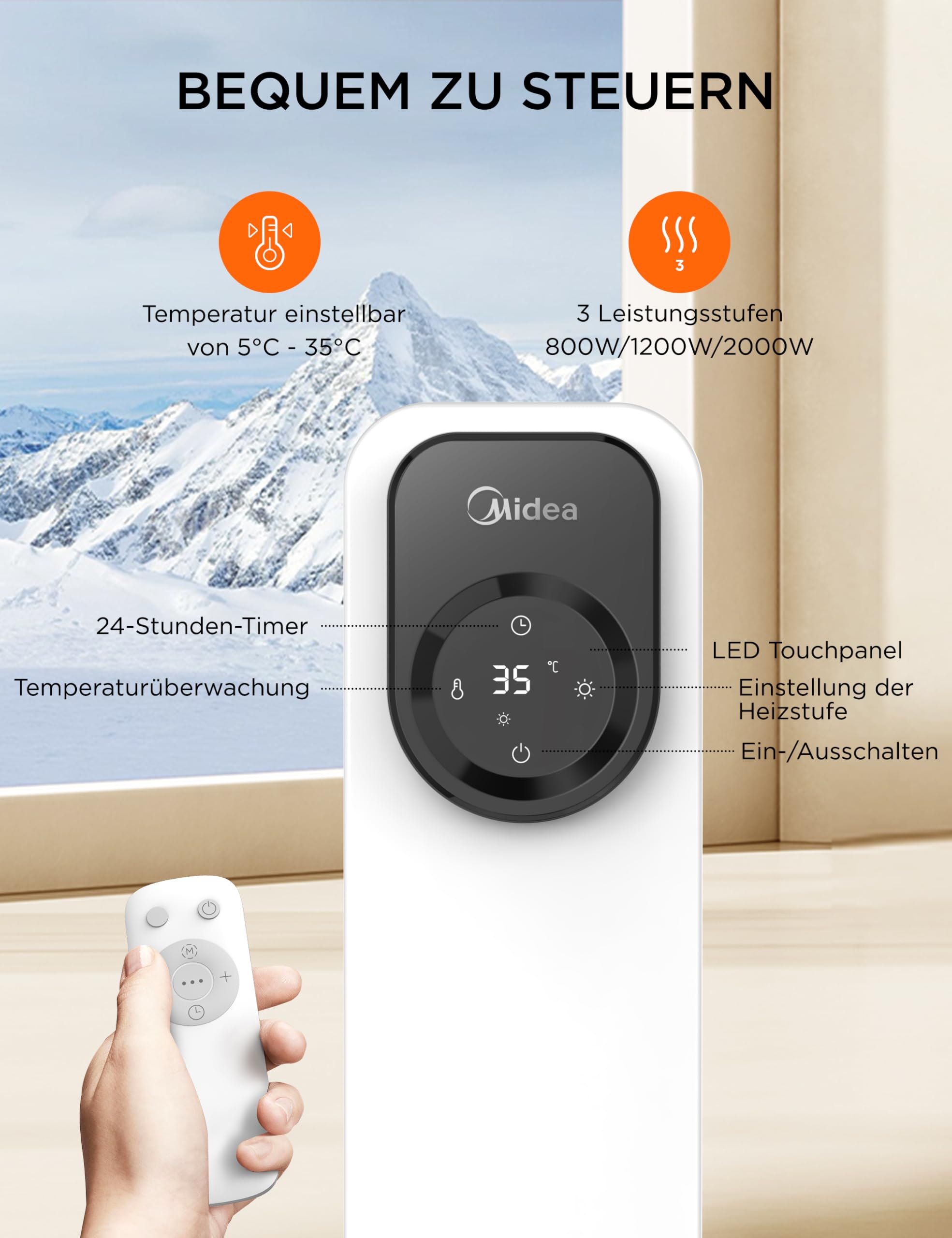 Midea NY2009-24UR Oelradiator, 2000W, 9 Rippen, mit Fernbedienung | 4 Modi, LED-Touchscreen, Thermostat, Kipp- & Ueberhitzungsschutz, 24H Timer, Leise