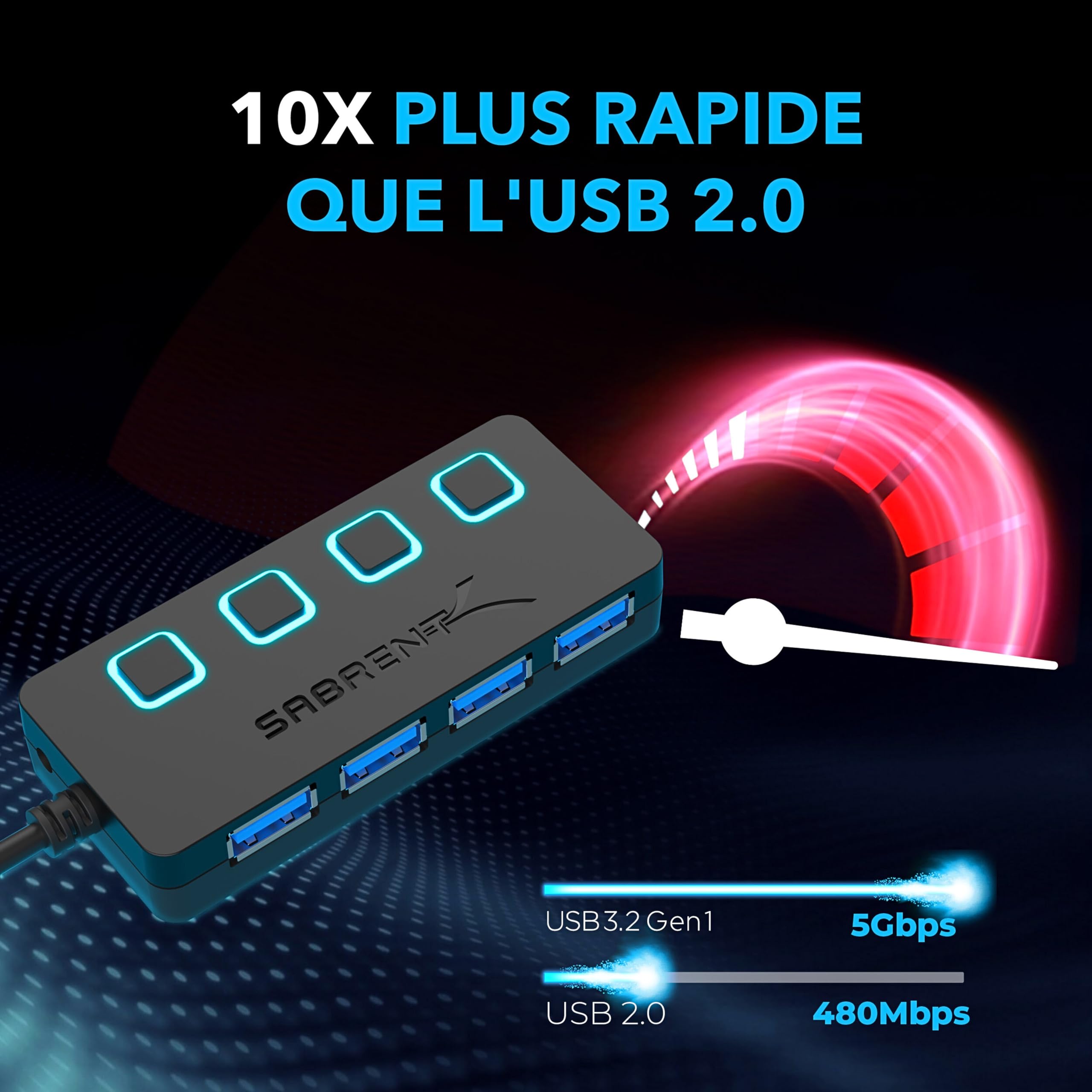 SABRENT Hub USB 3.0 Alimenté 4 Ports 5 Gbps avec Commutateurs et Voyants Individuels HB-UMP3