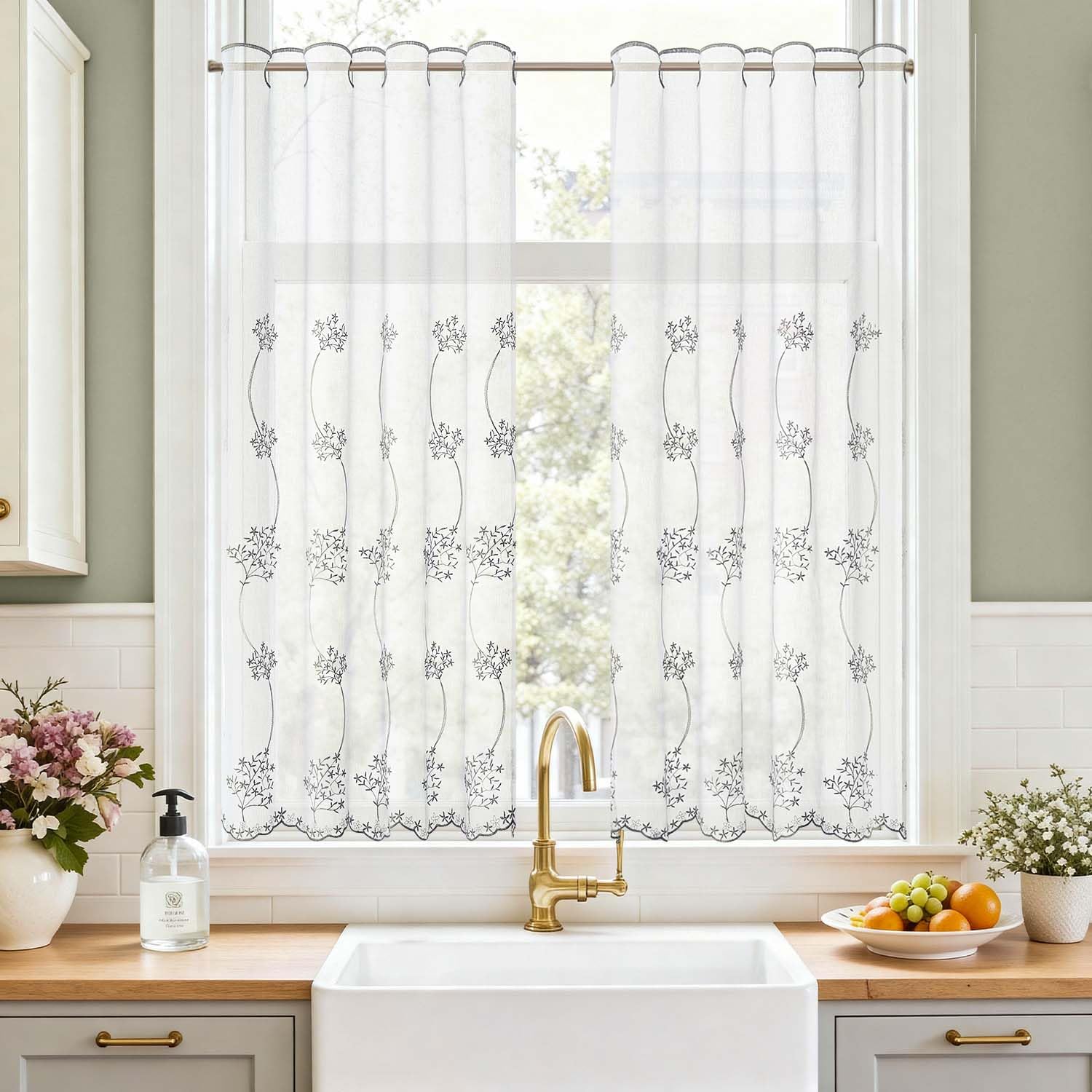 TOPICK Kitchen Curtains 45 Inch Drop, Grey Embroidered Floral Light Filtering Small Cafe Curtains, Short Half Window Eyelet Tiers for Bedroom, Cupboard Base, Sink, W36 x L45 Inch, 2 Panels