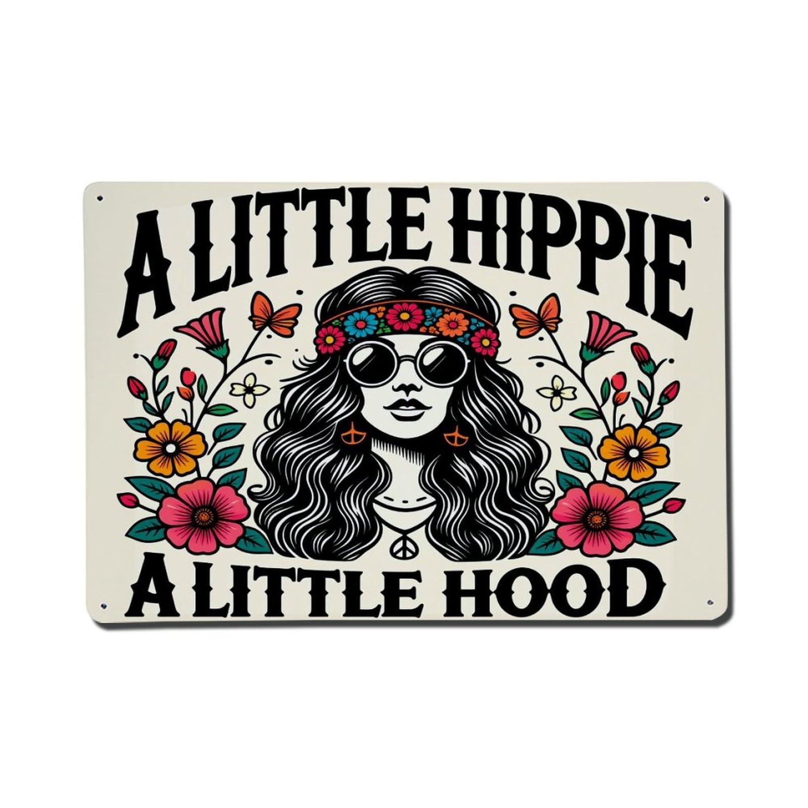 Enderetf Girls Vintage Hippie With Flowers And Peace Sign Tin Sign Metal Poster, Home Bar Garage Man Cave Cafe Indoor & Outdoor Wall Decoration 8X12inches