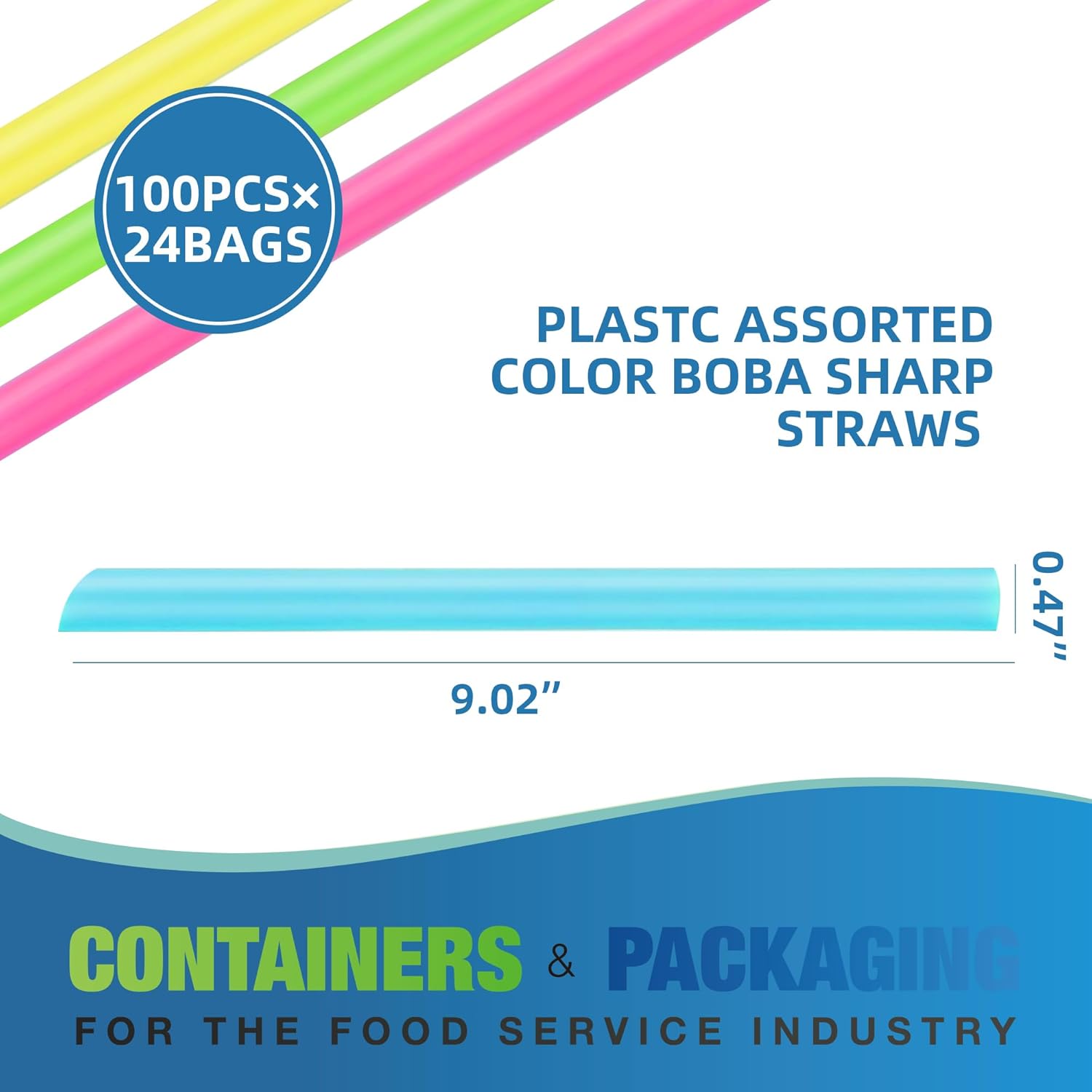 2400 Pcs Assorted Color Plastic Boba Sharp Straws,Extra Durable Thick Milkshake Disposable Large Individually Film Wrapped Straws(0.47" Wide X 9" Long)
