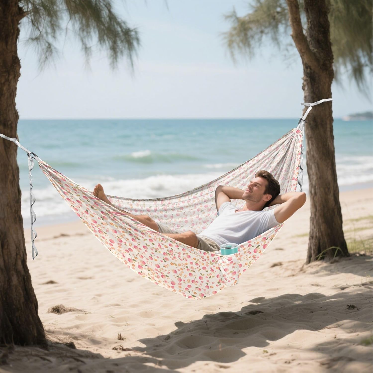 Peaches Flowers Gingham Outdoor Hammock with Portabl Carry Bag Cloth Hammock for Camping & Hiking Essential