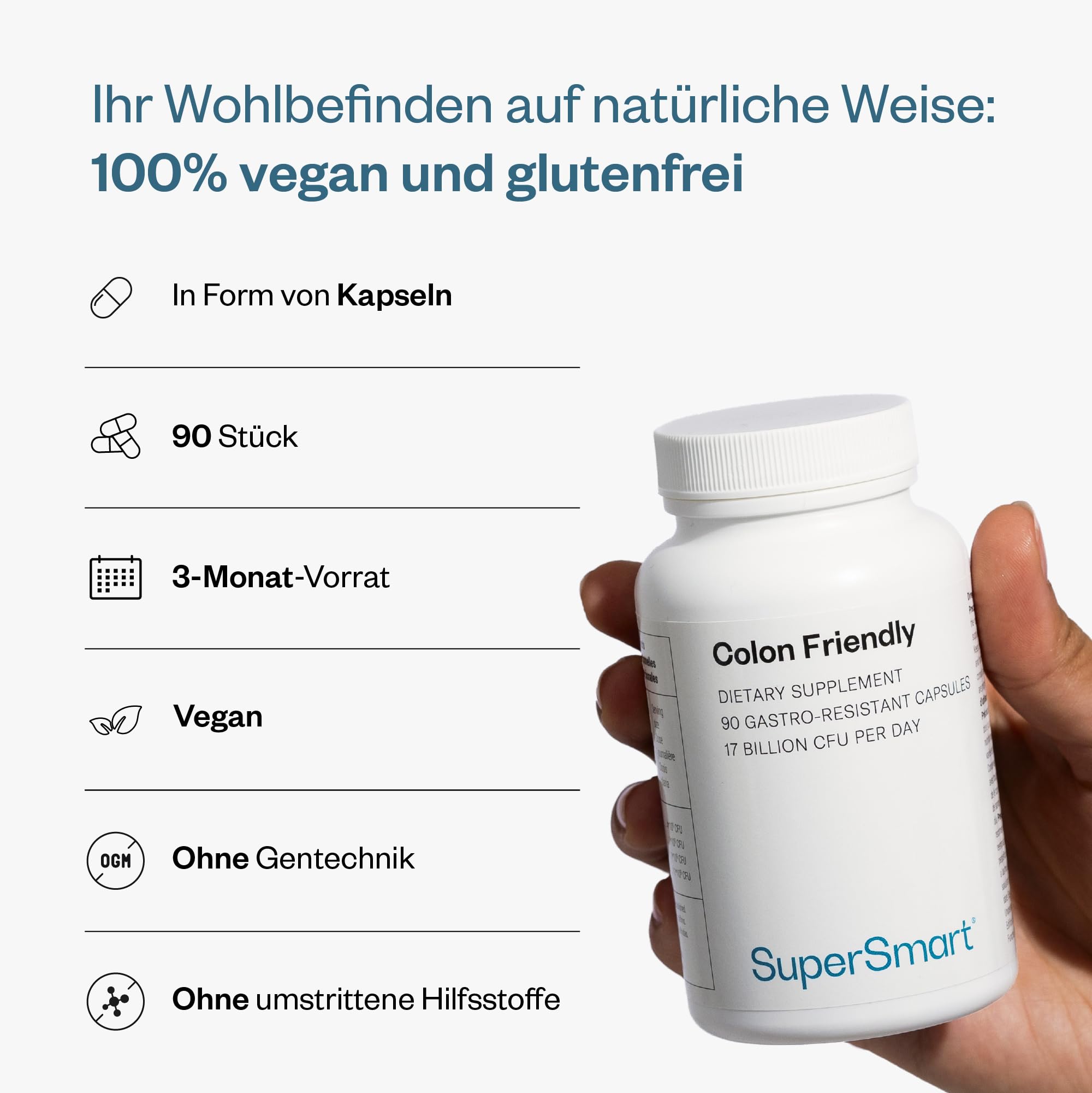 Colon Friendly - Hilft Schmerzen und Beschwerden im Darm zu reduzieren - Reizdarmsyndrom - Patentierter Stamm von Saccharomyces Cerevisiae - Vegan - Glutenfrei - SuperSmart