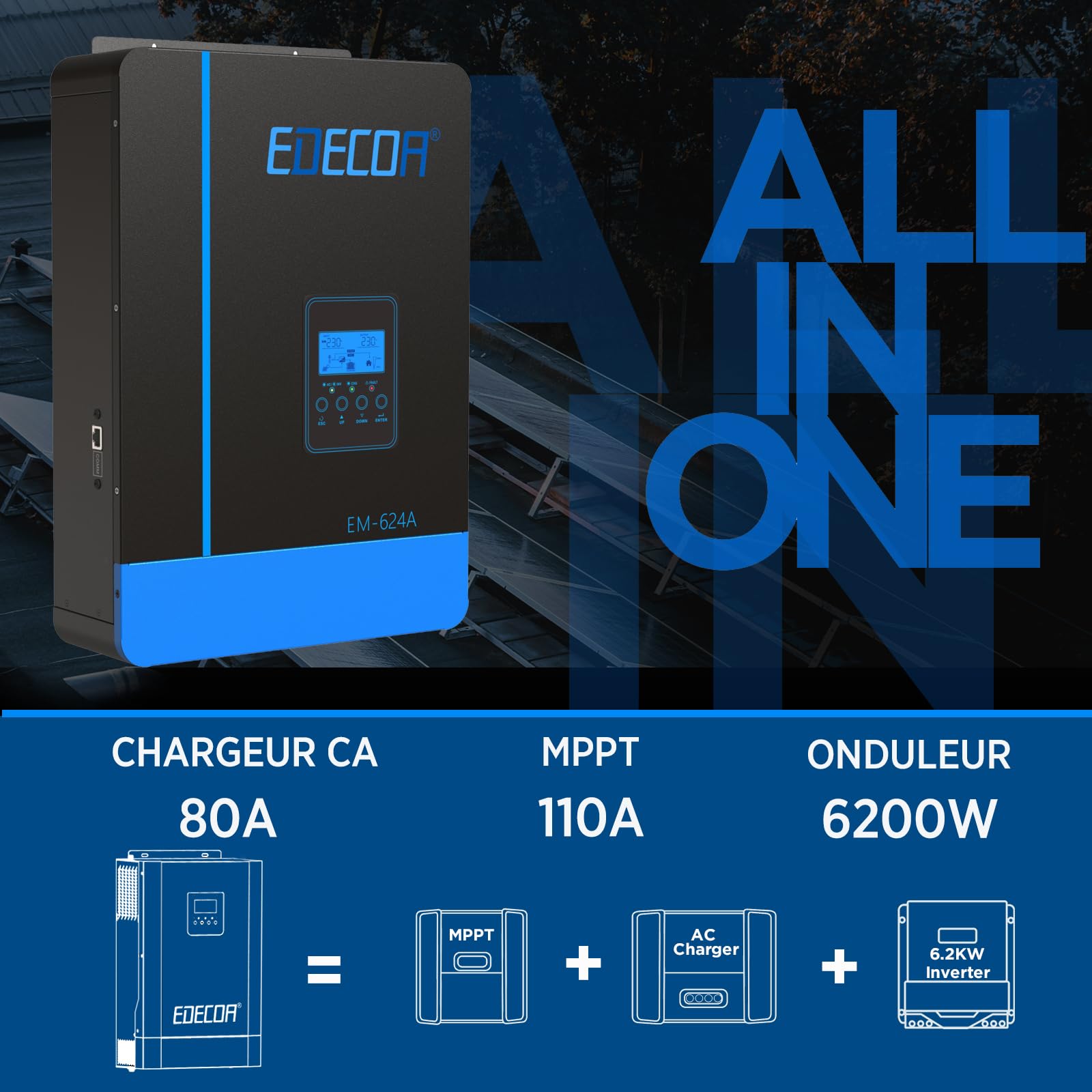 EDECOA 6200w Onduleur Hybride 48v 230v 7000VA Chargeur Solaire MPPT 110A Pur Sinus Off-Grid Chargeur de Batterie, priorité au réseau, régulateur de Charge Solaire (Module WiFi Compatible)