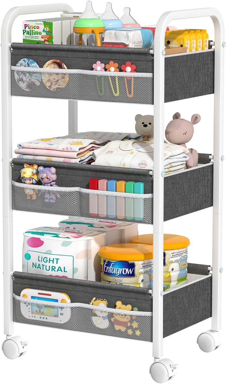 Baby Diaper Caddy Rolling Utility Cart, 3 Tier Baby Essentials Nursery Organizer and Storage with Dividers and Drawers for Crib, Bedroom, Art & Craft Organizer (White)