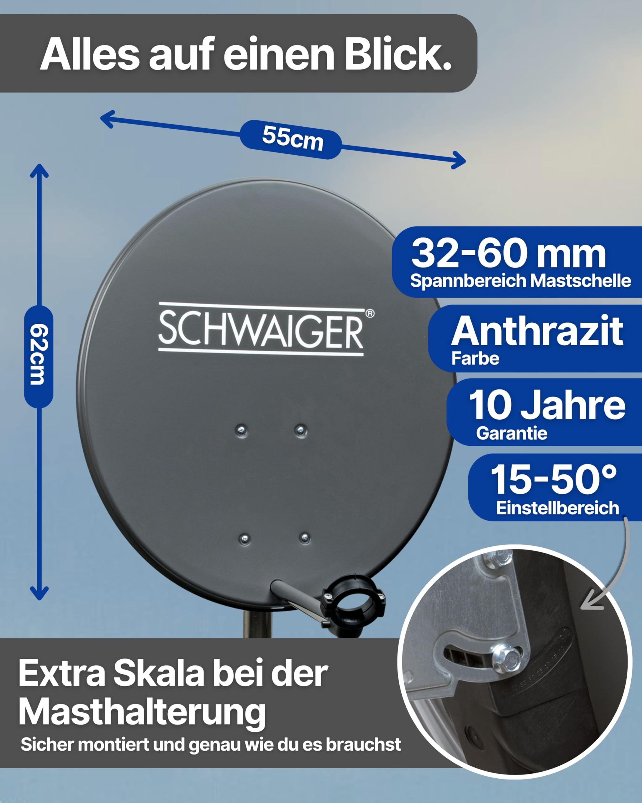 SCHWAIGER Satellitenschüssel Komplettset - Ø 60 cm Stahl Offset Antenne in Anthrazit - Inkl. sonnengeschütztes Twin LNB - Digital HD & 4K Empfang - Hitzebeständig & wetterfest