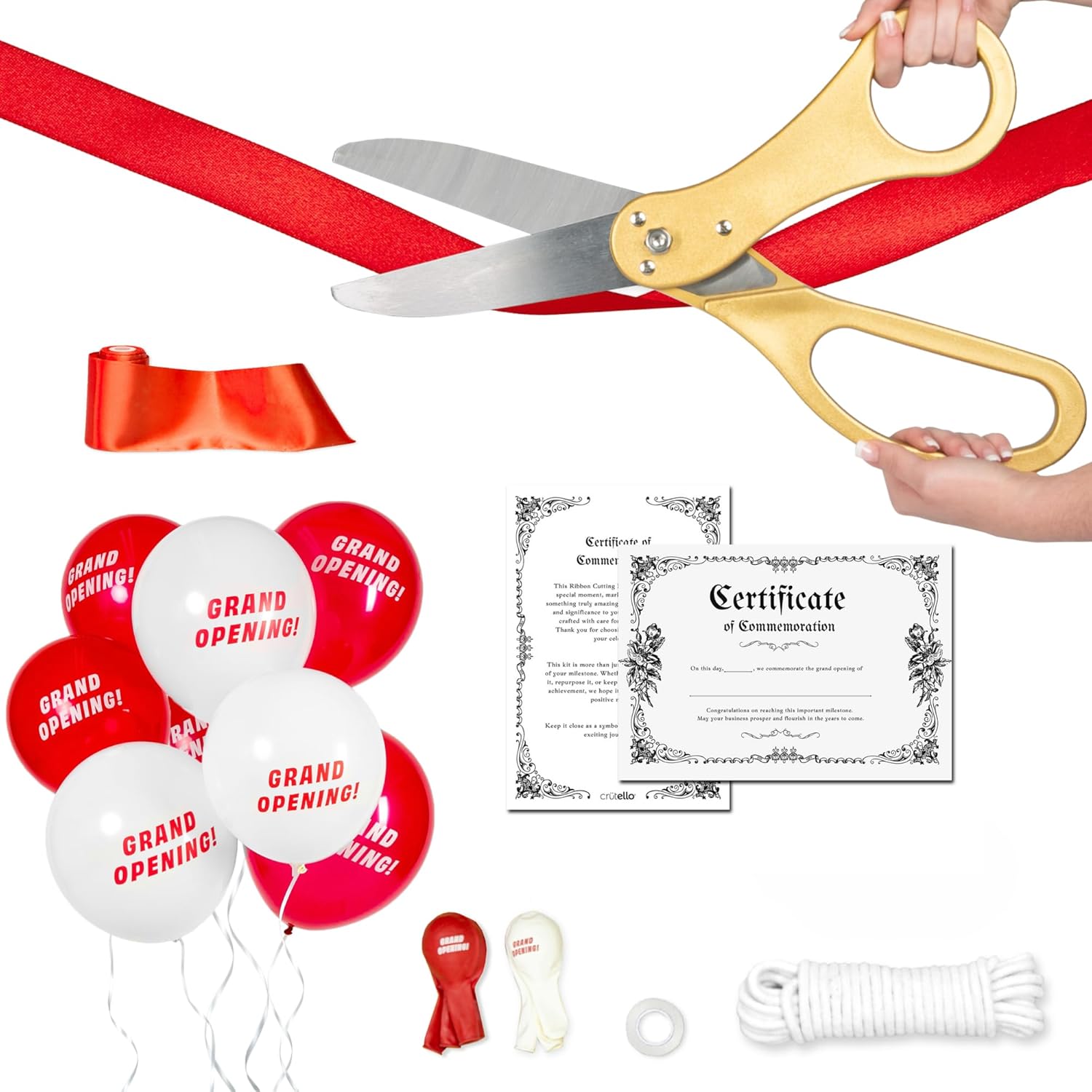 Crutello Deluxe Giant Ribbon Cutting Ceremony Kit Decorations - 20"Red Handled XL Giant Scissor, 30ft of 4"Wide Red Ribbon, 10ft Grand Opening Decorations Banner, 20 Balloons, Banner & Balloon Rope