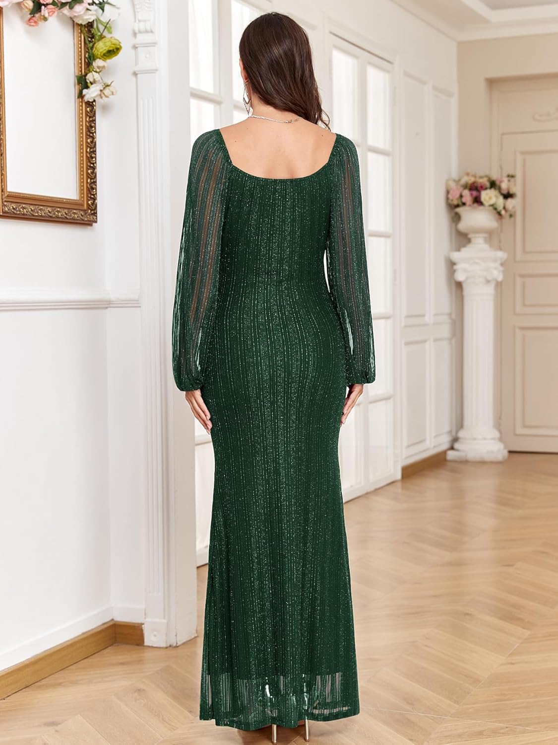 Sparkly Mesh Maternity Dress Long Sleeve Square Neck Baby Shower Pregnancy Dresses for Photoshoot Semi Formal - Image 3