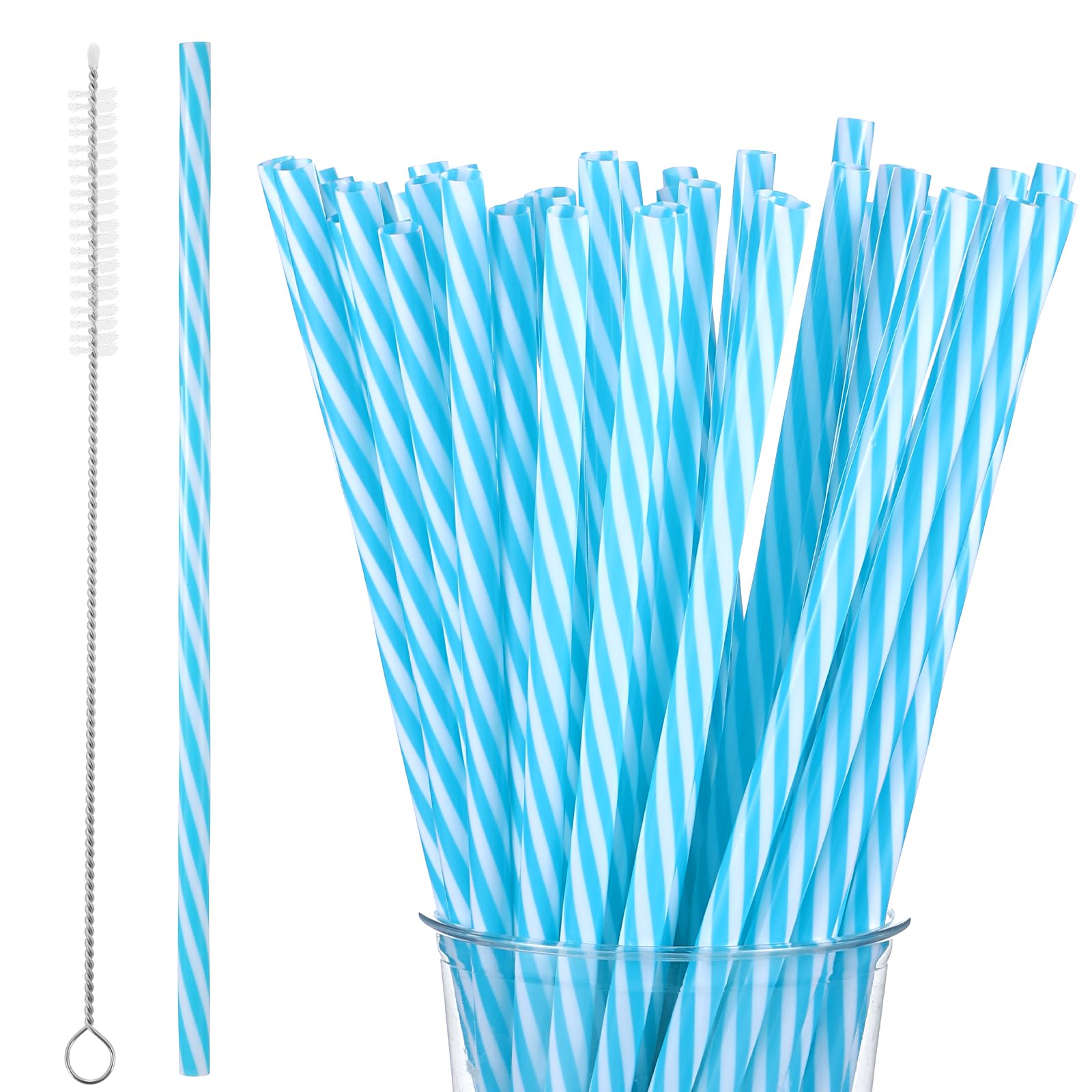 Photo 1 of 50PCS Reusable Drinking Straws for Summer, Plastic Blue Striped Straws Drinking Stirrer Straw with Cleaner Brush for Milk & Juice & Coffee Summer Birthday Party Decorations(Two-tone Stripe, 9 Inches)