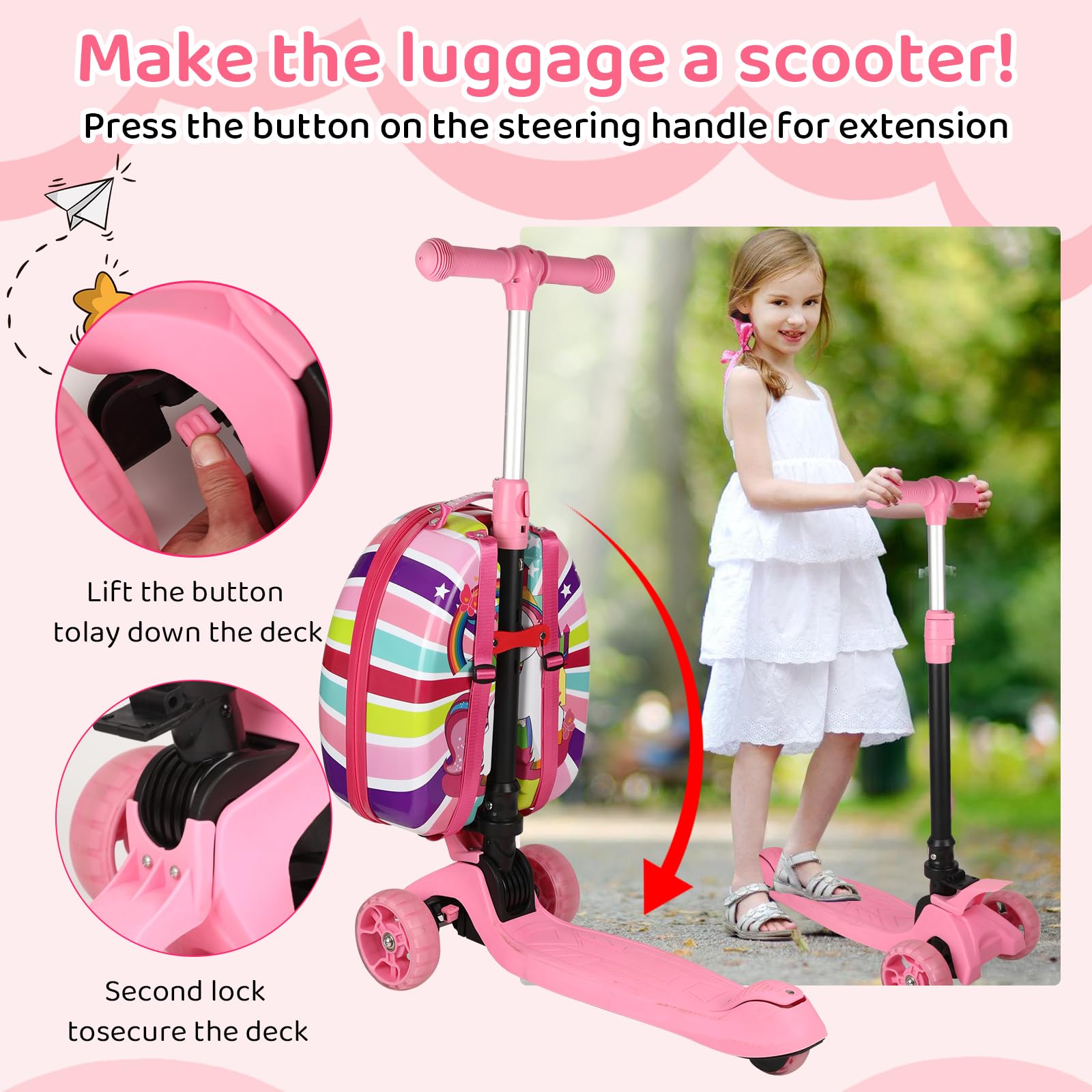 Maleta 3 en 1 para patinete, maleta rígida 3D para niños con ruedas de luz LED, mango retráctil, plegable y altura ajustable para niños y niñas (rosa)